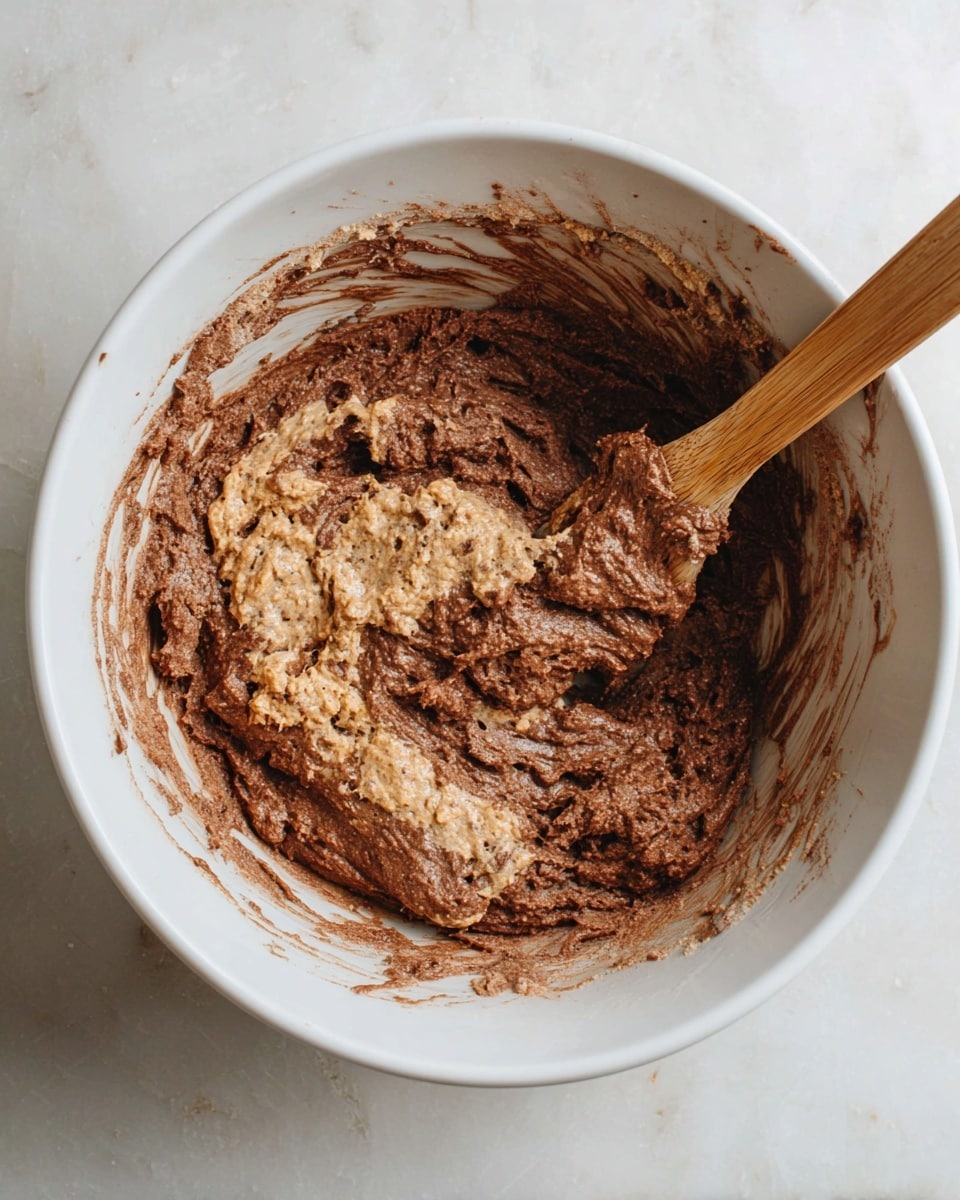 The image shows a white bowl with thick chocolate batter inside. The batter has a mix of dark brown, light brown, and powdery spots, with a chunky texture. There is a wooden spoon on the right side, partially covered with the same batter. The white marbled texture surface can be seen underneath the bowl. The batter looks like it is in the process of being mixed but not fully smooth. photo taken with an iphone --ar 4:5 --v 7