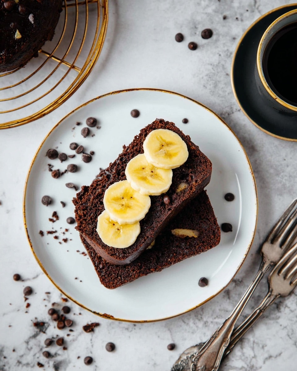 Two dark brown chocolate slices are stacked on a white plate with a gold rim. On top of the slices are five evenly spaced light yellow banana slices, some sprinkled with small dark chocolate chips. There are extra dark chocolate chips scattered on the plate and around it on a white marbled surface. To the left, part of a dark brown cake cooling on a gold wire rack is visible. A black cup with a saucer sits near the upper right side of the plate. Two old silver forks lay side by side to the right of the plate. Photo taken with an iphone --ar 4:5 --v 7
