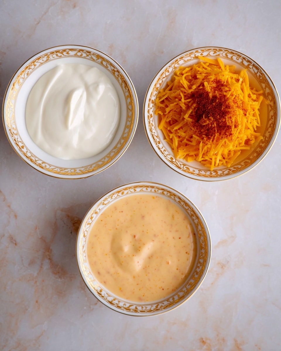 The image shows three white bowls with a simple gold pattern around the rim, placed on a white marbled surface. The first bowl contains a smooth, thick layer of white creamy yogurt or sour cream. The second bowl holds a layer of bright orange grated cheese topped with a small pile of finely ground reddish-brown spices in the center. The third bowl displays a smooth, well-mixed light orange sauce with small darker specks evenly spread throughout, showing a creamy texture. photo taken with an iphone --ar 4:5 --v 7