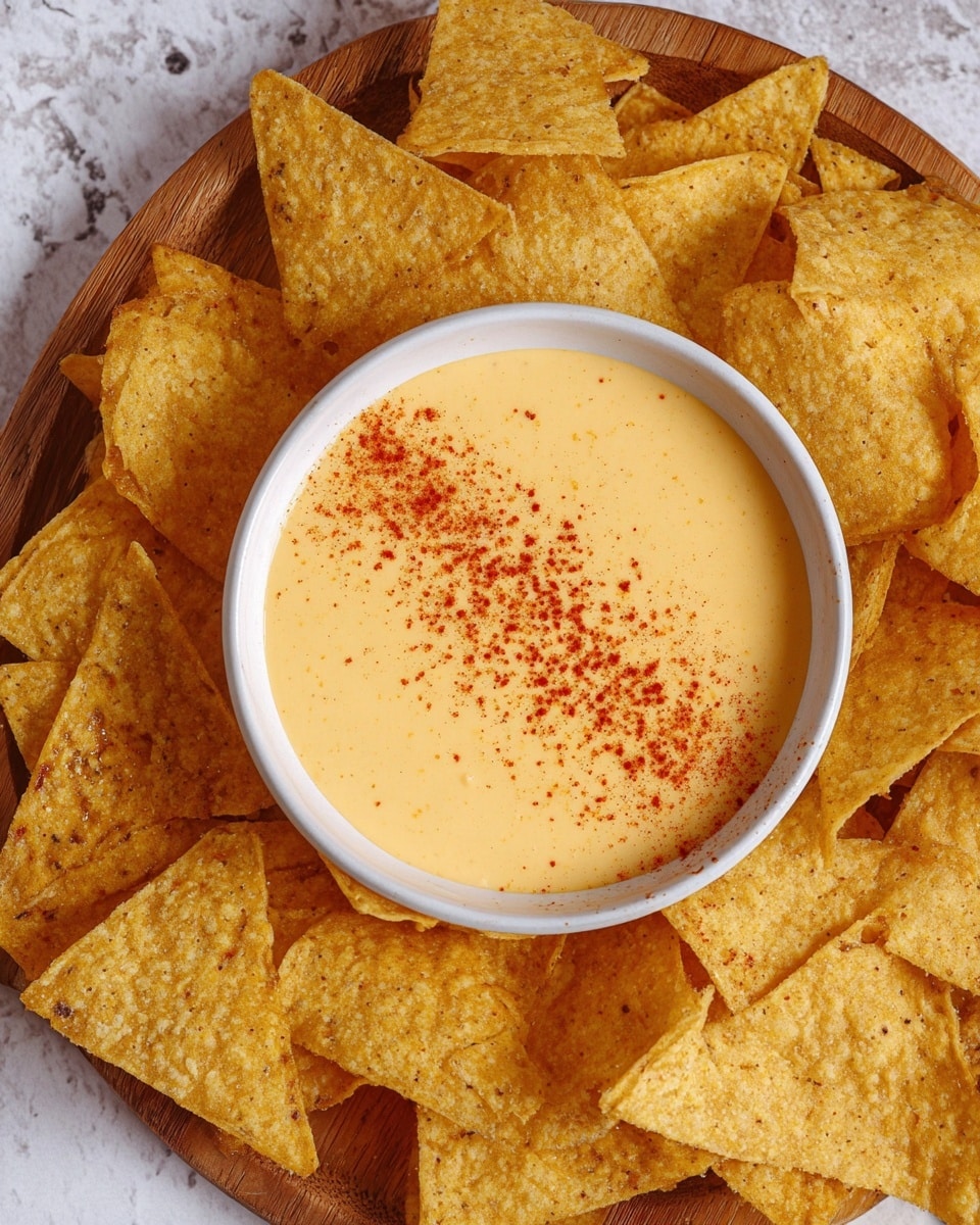 A white bowl filled with smooth, creamy light orange cheese sauce, topped with a light sprinkle of red chili powder arranged diagonally across the surface. The bowl is surrounded by many golden-yellow, triangular corn tortilla chips with a slightly rough texture, resting on a wooden tray. The scene is set against a white marbled textured surface. photo taken with an iphone --ar 4:5 --v 7