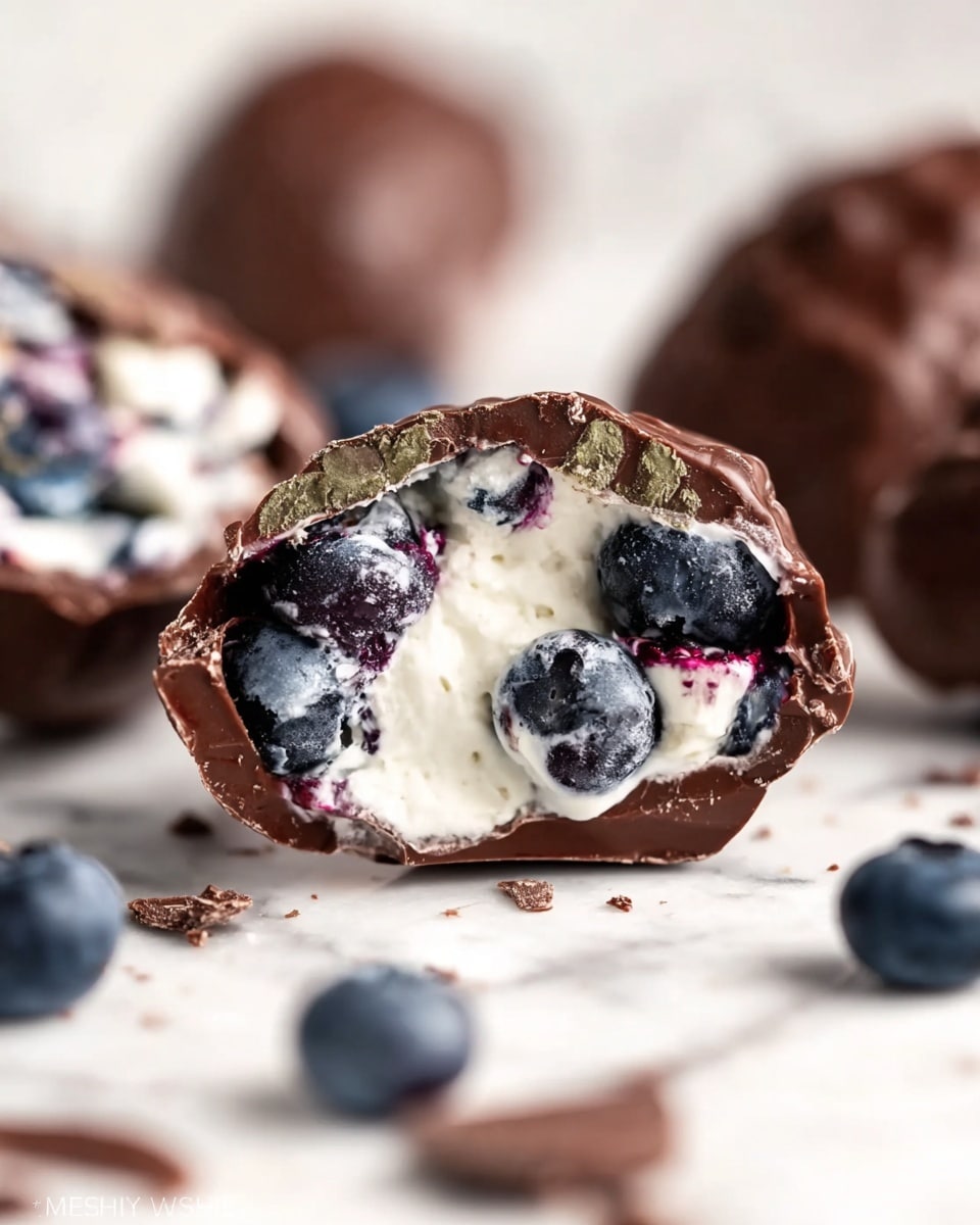 The image shows a close-up of a small chocolate shell broken in half, revealing a creamy white filling with whole blueberries inside. The chocolate shell is dark brown and slightly shiny with a rough texture, surrounding the soft white cream that bulges outward. The blueberries inside add deep blue and purple spots within the creamy layer. The background is a white marbled surface with a few more chocolate pieces and blurred blueberries around. The focus is on the front chocolate piece, showing its rich texture and fresh fruit inside. Photo taken with an iphone --ar 4:5 --v 7