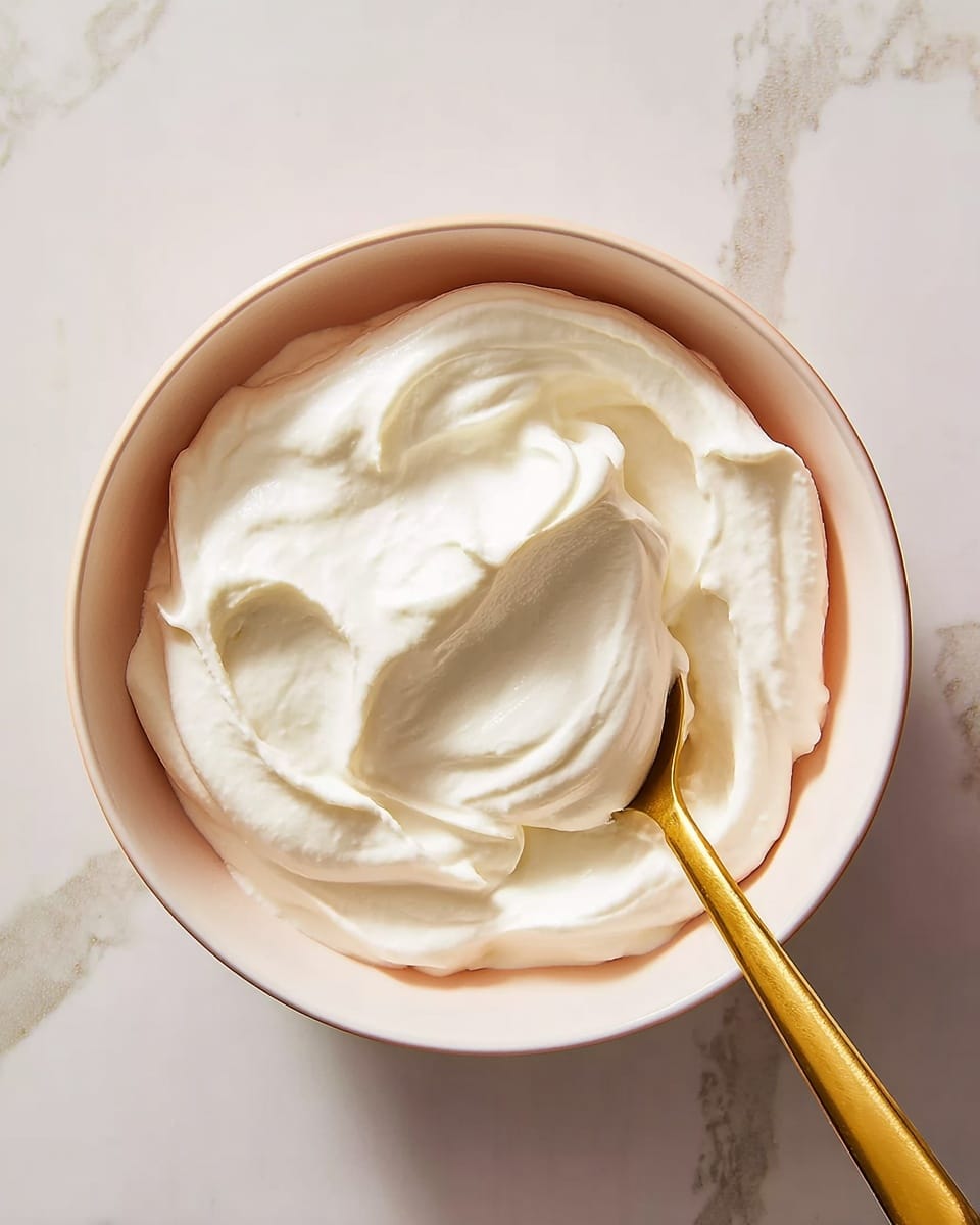 A close-up of a bowl filled with smooth, thick, white whipped cream that fills the bowl almost to the top in one creamy layer, with a gold spoon resting inside spreading the cream slightly. The bowl is white, sitting on a white marbled surface. Photo taken with an iphone --ar 4:5 --v 7
