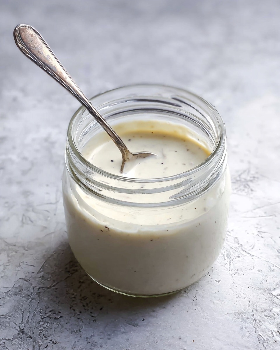 A clear glass jar filled with smooth, creamy white sauce, slightly thick in texture, with a few tiny black specks scattered on top; a vintage silver spoon is placed inside the jar, leaning against the rim. The jar is set on a surface with a white marbled texture. photo taken with an iphone --ar 4:5 --v 7