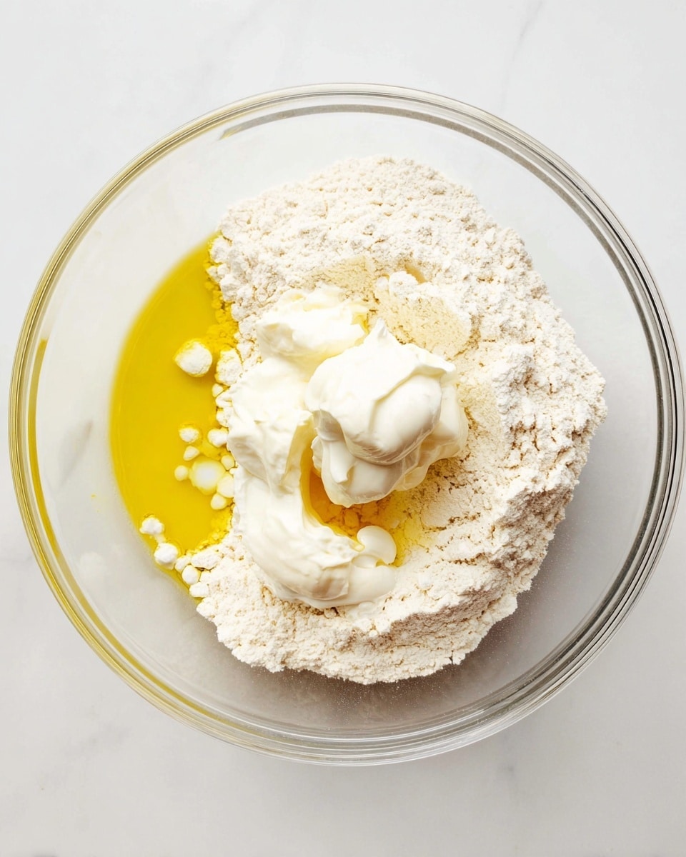A clear glass bowl holds several layers of ingredients on a white marbled surface. The bottom layer is a mound of fine, pale off-white flour covering almost half of the bowl. Next to it, on the left side, there is a small pool of yellow liquid oil. On top of the flour, near the center, there is a dollop of thick, creamy white sour cream with a soft texture. Small drops of another light yellow liquid are scattered near the center as well. The bowl is set against a clean white marbled background. photo taken with an iphone --ar 4:5 --v 7
