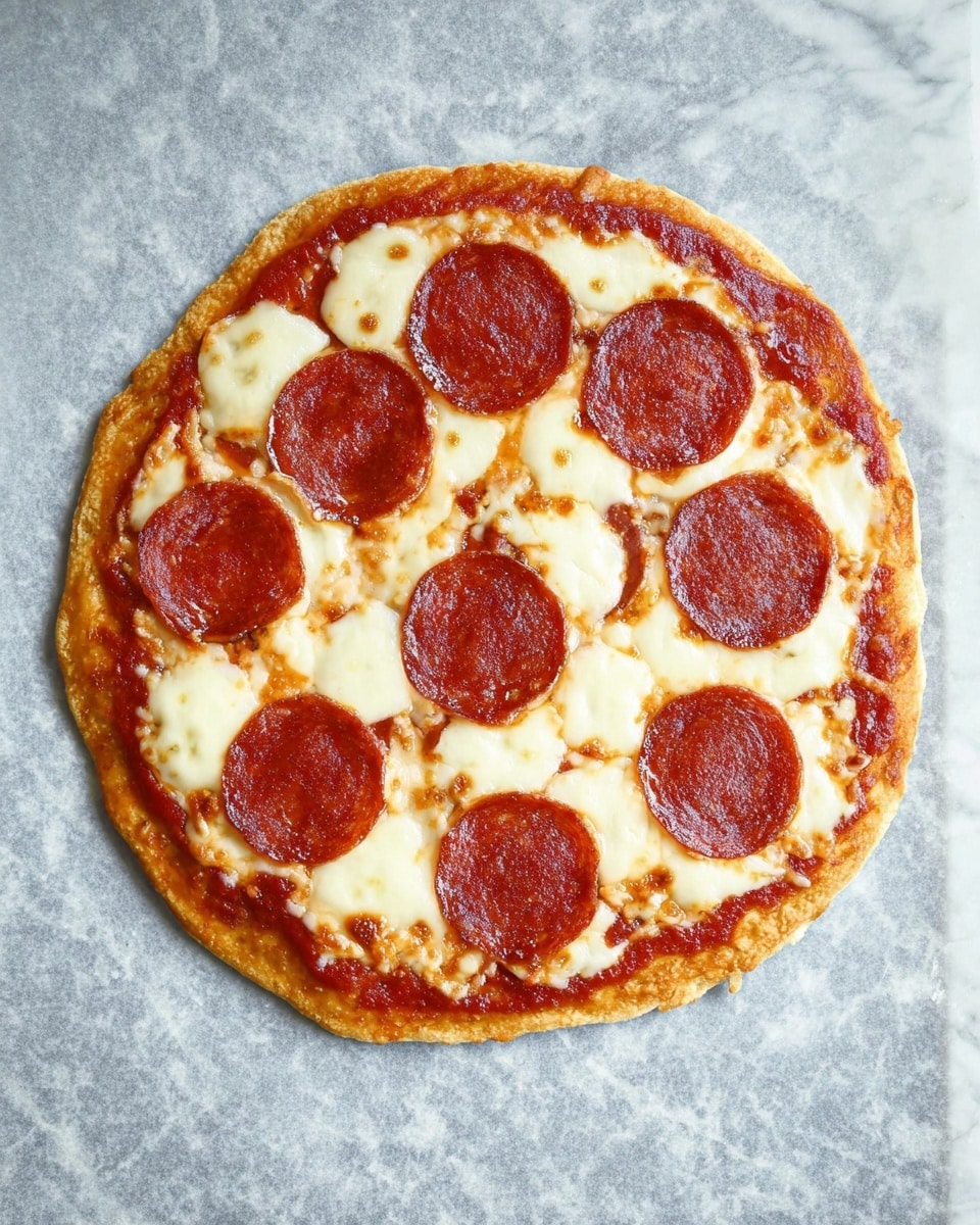 A round pizza with a golden-brown crust forms the base layer, topped with a red tomato sauce that peeks around the edges. Above this is a thick layer of melted cheese, creamy white with patches of golden brown where it has browned slightly in the oven. Scattered evenly on top are eleven slices of pepperoni, dark red with a shiny, slightly oily surface. The pizza rests on a grayish baking paper with a subtle texture, all set against a white marbled background. photo taken with an iphone --ar 4:5 --v 7