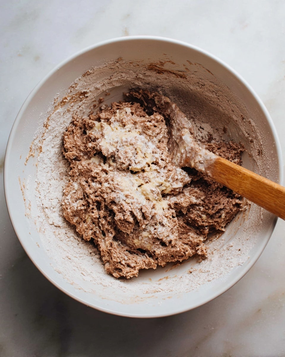 A white bowl holds a thick, uneven mixture of brown and light tan dough with dry flour edges around the sides. The dough has clumps and patches of light tan wet spots mixed with darker brown powder. A wooden spoon with a light brown handle is partially inside the bowl, resting on the right side, coated in some of the flour and dough mixture. The bowl sits on a white marbled surface photo taken with an iphone --ar 4:5 --v 7