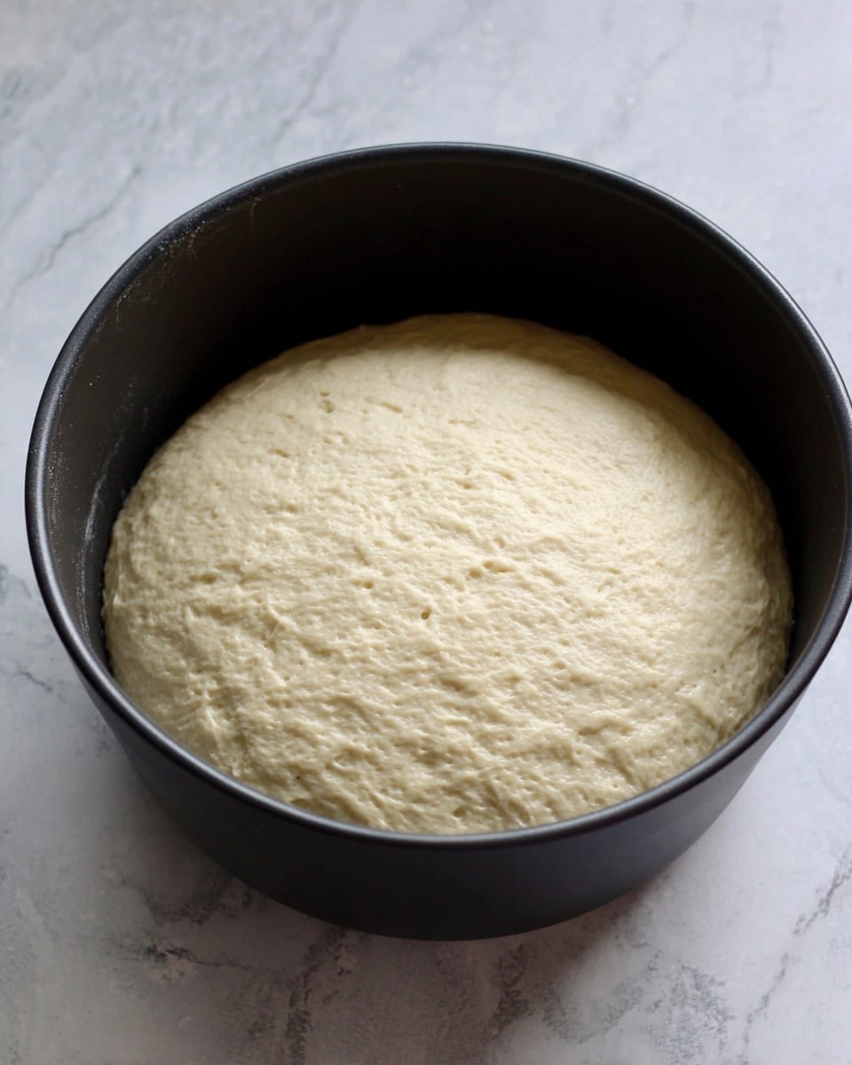 Inside a large black bowl, there is a single layer of pale beige dough that has risen and looks soft and slightly bumpy in texture. The dough fills most of the bowl's bottom, forming a rounded dome shape with a smooth top. The bowl sits on a white marbled surface, which adds a clean, bright look to the scene. Photo taken with an iphone --ar 4:5 --v 7