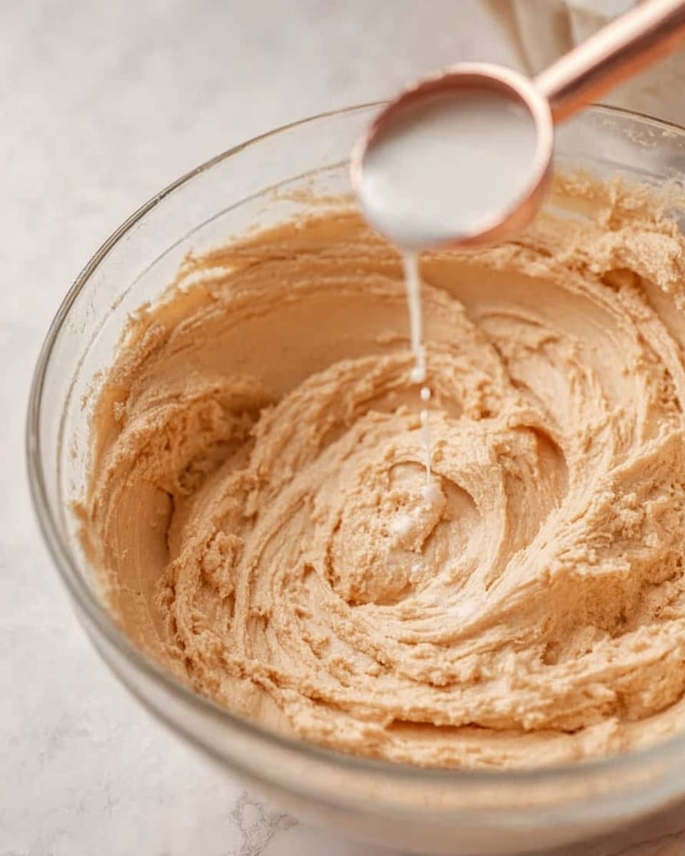 The image shows a close-up view of thick, light brown dough inside a clear glass bowl with a smooth, creamy texture visible on the top and sides. A small amount of white liquid is being poured into the dough from a shiny rose gold measuring spoon positioned above the bowl, with the liquid creating a slight ripple and splash effect on the dough surface. The background and surface are white marbled texture, giving a clean and bright look to the scene. The overall focus is on the swirling, textured dough and the liquid being added, with soft, warm lighting highlighting the details. Photo taken with an iphone --ar 4:5 --v 7