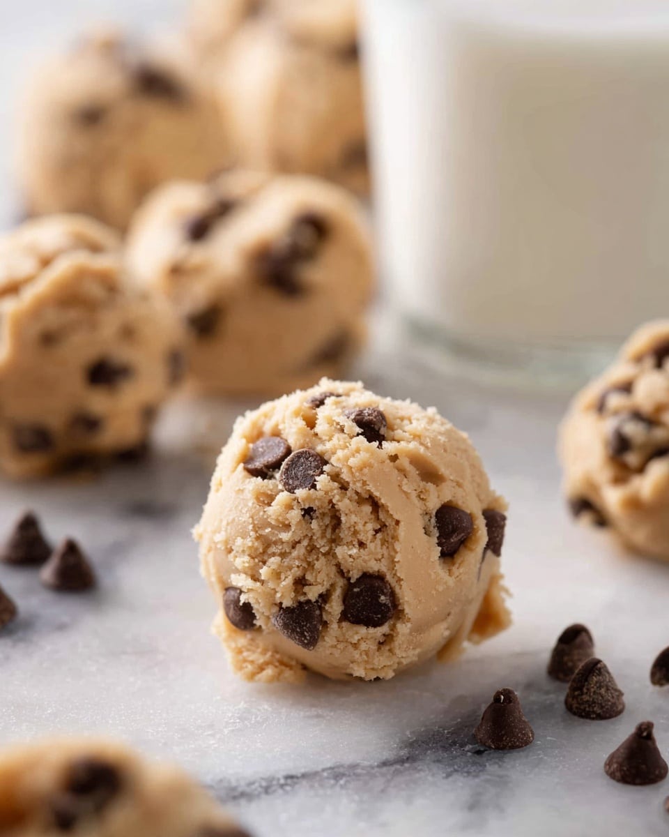 There are several round scoops of light brown cookie dough with dark chocolate chips inside, placed on a white marbled surface. The dough looks soft and a little crumbly, with chocolate chips scattered around each scoop. In the background, a clear glass filled with milk is visible. The focus is on one scoop near the center, showing the dough’s grainy texture and embedded chocolate chips. photo taken with an iphone --ar 4:5 --v 7