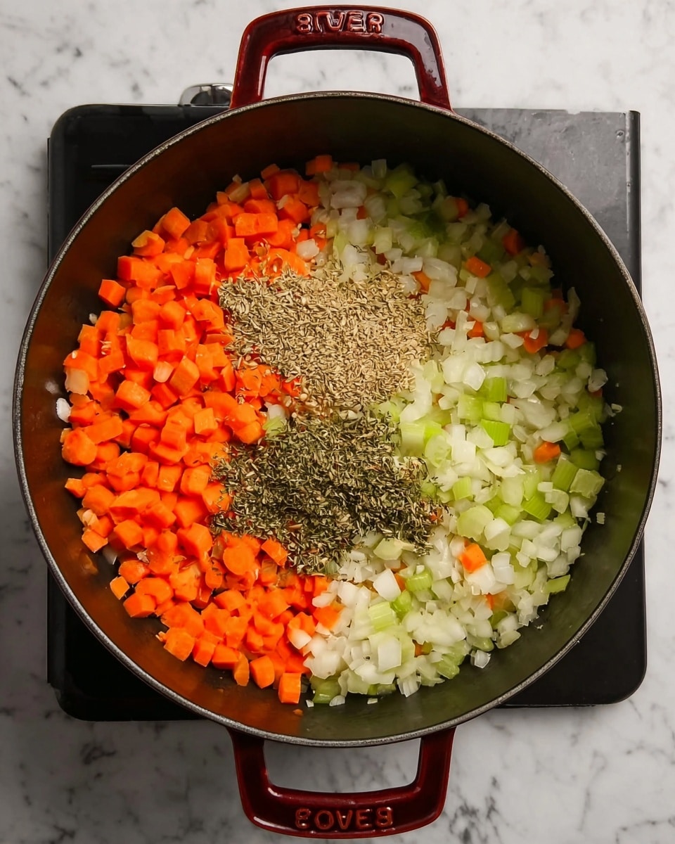 A round black pan with dark red handles sits on a white marbled surface, filled with small, evenly chopped vegetables in two stages. In the first layer, raw vegetables are placed in three sections: bright orange carrots fill the top right, off-white onions fill the bottom left, and light green celery fills the bottom right. In the second layer, the vegetables are mixed and cooked, showing a softer texture and slightly translucent colors. Two piles of dried herbs, one light brown and the other darker brown, rest on top near the center of the cooked vegetables. The setting is simple, with a clean white marbled surface under the pan. photo taken with an iphone --ar 4:5 --v 7