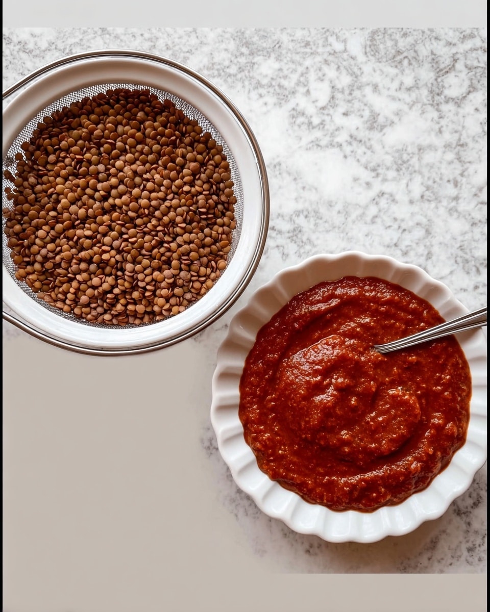 The image shows two bowls on a white marbled surface. On the left, a white colander holds a large amount of brown lentils that fill the bowl almost to the top, with a rough texture and small round shapes. On the right, a white scalloped bowl contains thick, smooth red sauce spread evenly inside, with a silver spoon resting in the sauce. The sauce has a rich, shiny appearance with some visible texture lines from stirring. photo taken with an iphone --ar 4:5 --v 7