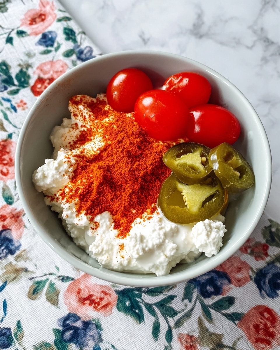 A white bowl sits on a white marbled surface with a floral pattern cloth underneath. Inside the bowl, there are three main layers: a base layer of white cottage cheese with a soft, lumpy texture, a middle layer of bright red paprika powder covering half of the cottage cheese, and a top layer featuring three small bright red cherry tomatoes and a few green jalapeño slices on the right side. The layers contrast with each other by color and texture, making the dish visually rich and colorful. Photo taken with an iphone --ar 4:5 --v 7