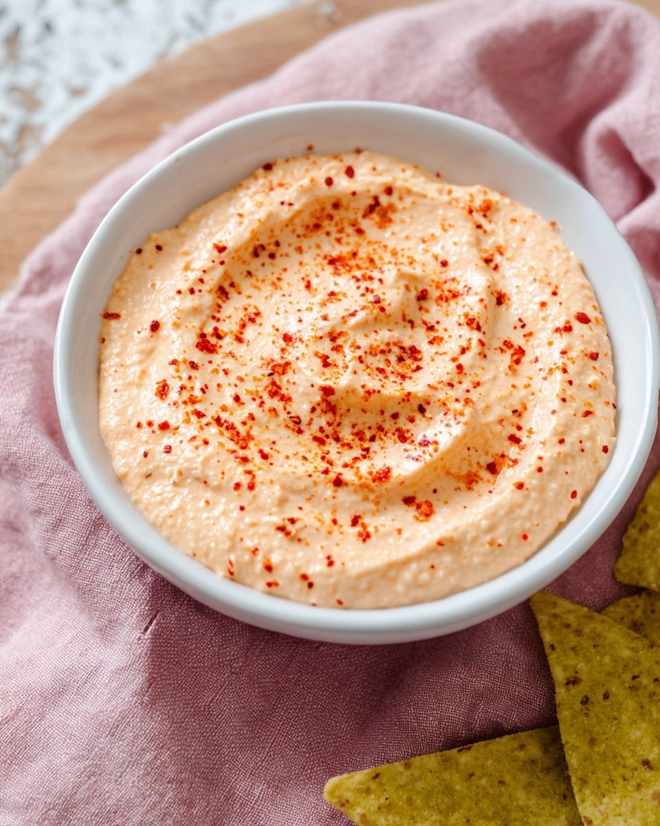 A white bowl filled with a creamy pale orange dip that is smooth with gentle swirling texture across the top, sprinkled with small flakes of red chili powder spread unevenly over the surface. The bowl is placed on a folded soft pink cloth on a wooden table, with two green tortilla chips positioned near the bowl. The background is a white marbled texture. Photo taken with an iphone --ar 4:5 --v 7