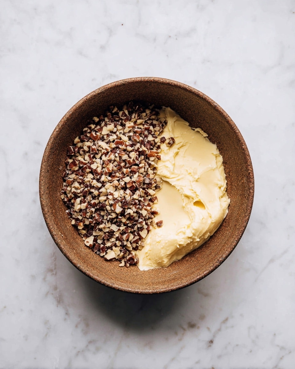 A round brown bowl sits on a white marbled surface, containing two main layers side by side: on the left, finely chopped dark brown nuts with some lighter bits mixed in, and on the right, a pale yellow creamy mixture with a smooth texture, both resting against the inside of the bowl in separate mounds. photo taken with an iphone --ar 4:5 --v 7
