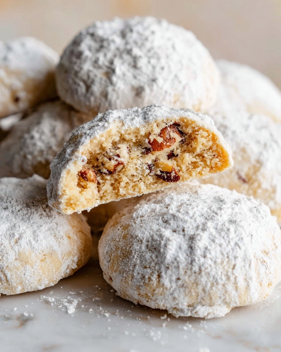 The image shows a close-up of several round cookies dusted heavily with white powdered sugar, giving them a soft, snowy look. One cookie is broken in half and placed on top of others, revealing its inside texture: light crumbly dough mixed with small brown nut pieces scattered throughout. The cookies have a pale beige color under the sugar coating, with a slightly rough outer surface. They rest on a white marbled surface, creating a clean and bright background with soft natural light. photo taken with an iphone --ar 4:5 --v 7