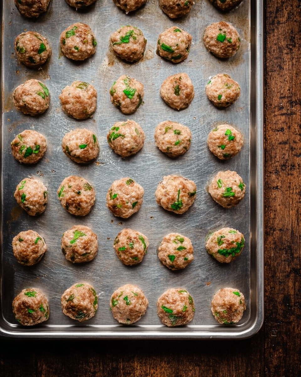 A silver baking tray holds 24 small, round, light brown meatballs spread out in even rows. Each meatball has bits of green herbs mixed inside, giving them a speckled look. The tray’s surface is shiny but scratched with visible marks. The background under the tray shows a rough dark wooden texture. photo taken with an iphone --ar 4:5 --v 7