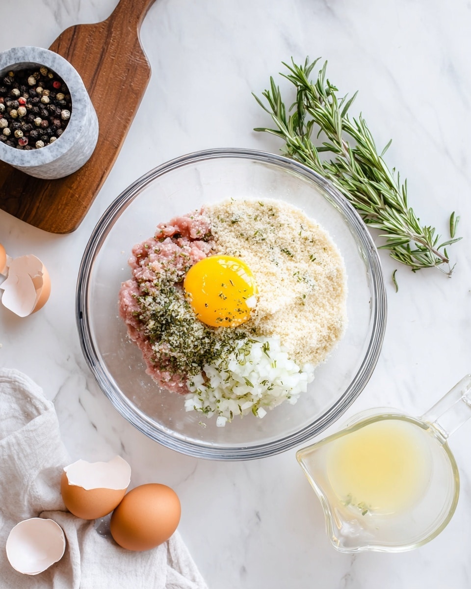A clear glass bowl is placed in the center on a white marbled surface, containing several layers: light pink ground meat at the bottom, topped with scattered white chopped onions, a bright yellow raw egg yolk resting on one side, off-white breadcrumbs covering part of the meat, and a sprinkling of green herb flakes, likely rosemary, over the onions and meat layers. Around the bowl, there are three fresh green rosemary sprigs to the upper right, a small glass measuring cup filled with pale yellow liquid to the bottom right, and a white cloth near the bottom left. In the upper left corner on a wooden board, a round gray marble pepper grinder filled with whole black peppercorns sits beside a white marble salt container. There are also two light brown empty eggshell halves on the white marbled surface near the bottom left. Photo taken with an iphone --ar 4:5 --v 7