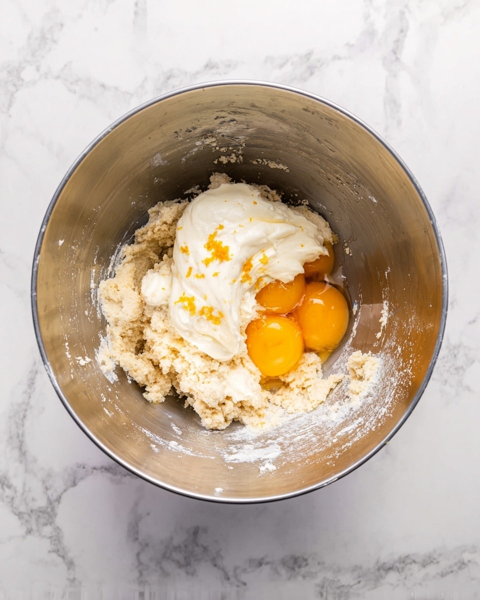 A shiny silver mixing bowl sits on a white marbled surface, filled with three main layers of ingredients. The bottom layer is a pale crumbly mixture somewhat stuck to the sides of the bowl, with a wet, grainy texture. On top of this is a layer of three bright yellow egg yolks clustered together in the middle. Adjacent to the yolks is a thick dollop of smooth, white cream. Light orange zest is sprinkled over the cream and egg yolks, adding small specks of color. The inside of the bowl shows some remnants of the crumbly mixture clinging to the walls. photo taken with an iphone --ar 4:5 --v 7