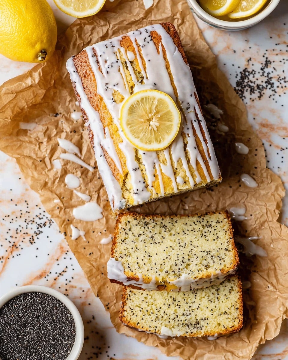 A rectangular lemon poppy seed loaf cake with a golden-brown top layer, drizzled with white icing in a random pattern, and a single thin lemon slice with visible seeds and pulp placed at the center. The cake's inside texture is light yellow with many black poppy seeds scattered evenly throughout. Two slices of the cake are laid flat around the main loaf on crumpled brown parchment paper, which is on a surface with a white marbled texture. Around the cake are scattered black poppy seeds and white icing drops. Half lemon slices are placed near the top left corner, and a white bowl with a lemon inside is partially visible in the top right corner. In the lower-left corner, a white bowl with black poppy seeds is partly visible. photo taken with an iphone --ar 4:5 --v 7