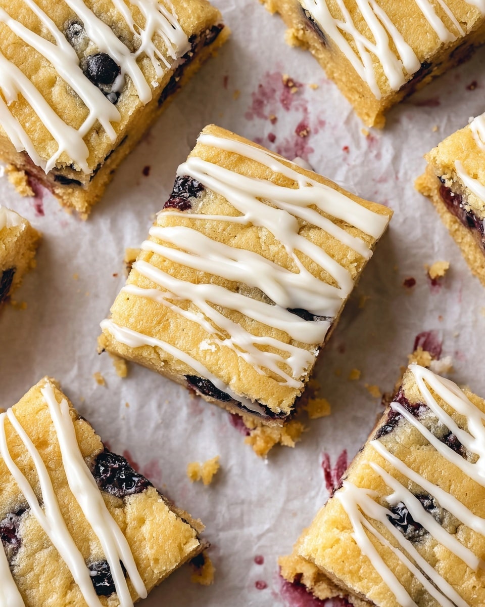 The image shows several square-shaped blondie bars arranged on light-colored parchment paper with some berry stains. Each blondie has a golden-yellow base with a slightly crumbly texture and visible dark berries embedded inside. The top of each blondie is decorated with thin white drizzle, forming random crisscross patterns and adding a smooth, creamy contrast to the textured base. The bars are closely placed but not touching, giving a balanced and clean look. The overall background is changed to a white marbled texture with natural light highlighting the details. Photo taken with an iphone --ar 4:5 --v 7