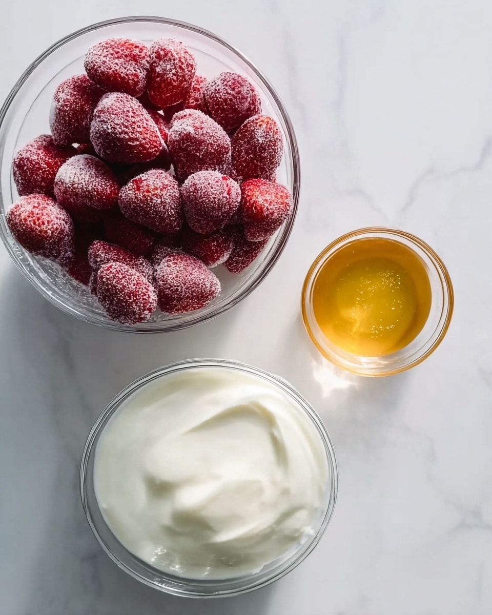 The image shows three clear glass bowls on a white marbled surface. The largest bowl is filled with whole frozen strawberries that have a frosty texture and a deep red color. Below it, there is a medium glass bowl full of thick white yogurt with a smooth surface. Next to the yogurt, there is a small glass bowl containing a golden-yellow liquid, likely honey or syrup. The bowls are arranged neatly with enough space between them, and the lighting highlights the fresh and cool look of the ingredients. photo taken with an iphone --ar 4:5 --v 7
