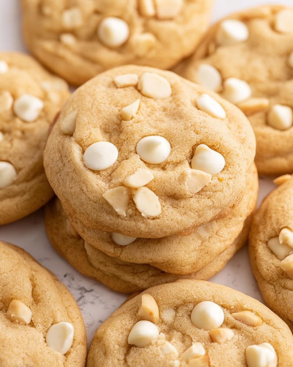 A close-up image of soft, round cookies closely stacked and overlapping each other, each cookie light golden brown with a slightly textured surface. Each cookie has visible white chocolate chips scattered on top and small pieces of chopped nuts embedded throughout, giving a mix of cream and beige colors on the surface. The edges of the cookies are smooth and gently rounded, with a soft appearance overall. The background surface is a white marbled texture. photo taken with an iphone --ar 4:5 --v 7