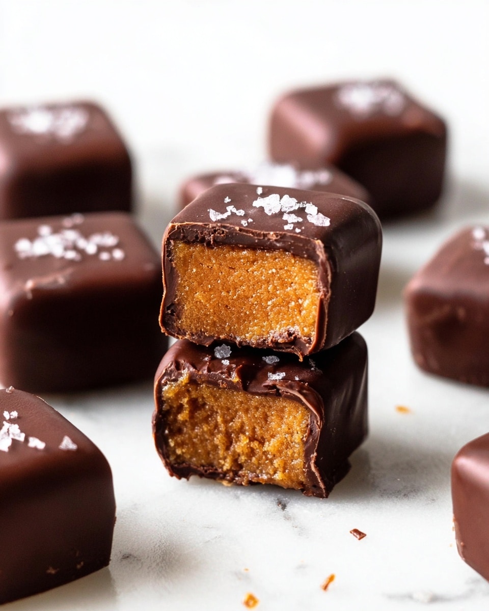 The image shows small square chocolates placed on a white marbled surface. Each chocolate has a smooth, dark brown chocolate coating as the outer layer. One chocolate is cut open and stacked on top of another, revealing a textured, golden brown inside filling that is dense and slightly crumbly. Some chocolates are topped with small flakes of sea salt, adding a touch of white contrast on the dark chocolate surface. The background is clean and white, making the chocolates the focus. photo taken with an iphone --ar 4:5 --v 7