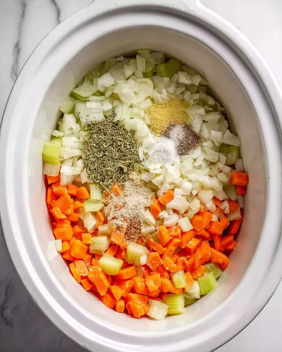 Inside a white slow cooker, there are multiple layers of ingredients arranged loosely. The bottom layer consists of chopped orange carrots and light green celery pieces mixed together. On top of these, there is a layer of roughly chopped white onions. Near the center, on top of the onions, are five separate small piles: one of minced pale yellow garlic, one of white salt, a small pile of black ground pepper, a mound of dried green herbs, and another small heap of light colored seasoning. The background is a white marbled surface. Photo taken with an iphone --ar 4:5 --v 7
