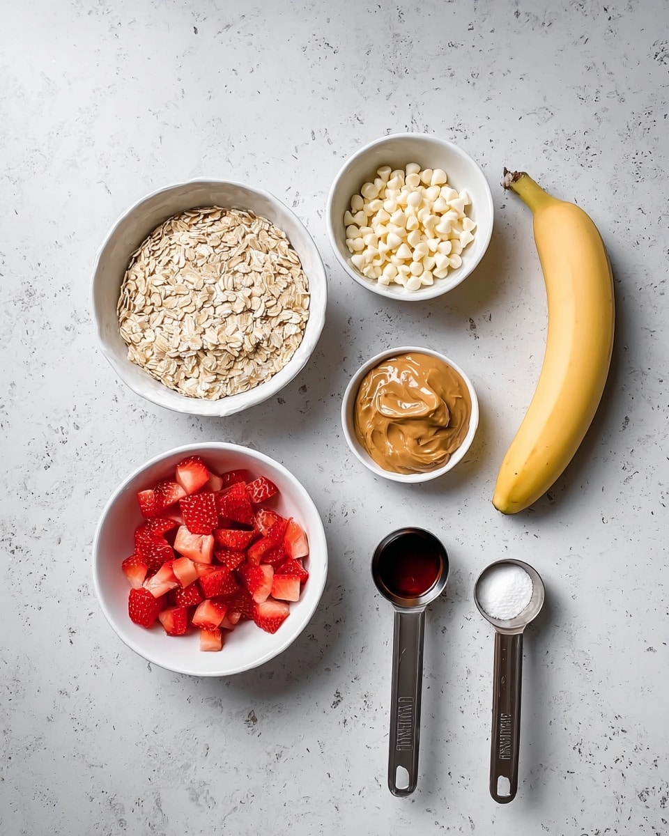 The image shows six separate ingredients arranged on a white marbled surface: a white bowl of light beige rolled oats in the center, a white bowl of small white chocolate chips above it, a white bowl of peanut butter below the oats, a white bowl filled with diced red strawberries with some juice to the left, a whole yellow banana to the right, and two metal measuring spoons next to the strawberries, one filled with dark syrup and the other with a white powder. photo taken with an iphone --ar 4:5 --v 7