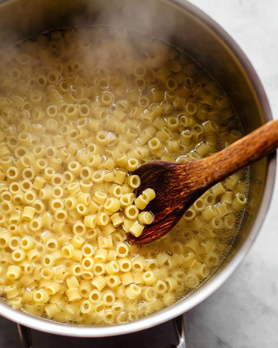 A large silver pot filled with small, yellow ring-shaped pasta cooking in clear water with steam rising. A wooden spoon with dark and light brown tones rests inside the pot, partially submerged among the pasta rings. The scene is simple, showing the pasta evenly spread and floating, with a soft focus on the steam and water surface. The pot sits on a white marbled surface photo taken with an iphone --ar 4:5 --v 7