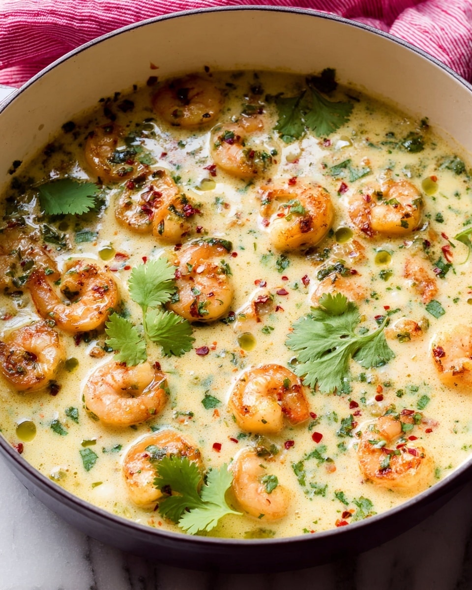 A close-up view of a round white pot filled with a creamy light yellow sauce, speckled with green herbs and small red chili flakes. Scattered throughout the sauce are multiple plump, pinkish-orange shrimp with slight browning on the edges. Fresh green cilantro leaves float on top, adding a fresh touch. The texture of the sauce looks smooth and rich, with some oil droplets visible on the surface. The setting shows the pot on a white marbled surface with a glimpse of a woman’s hand holding a pink-striped cloth in the background. photo taken with an iphone --ar 4:5 --v 7