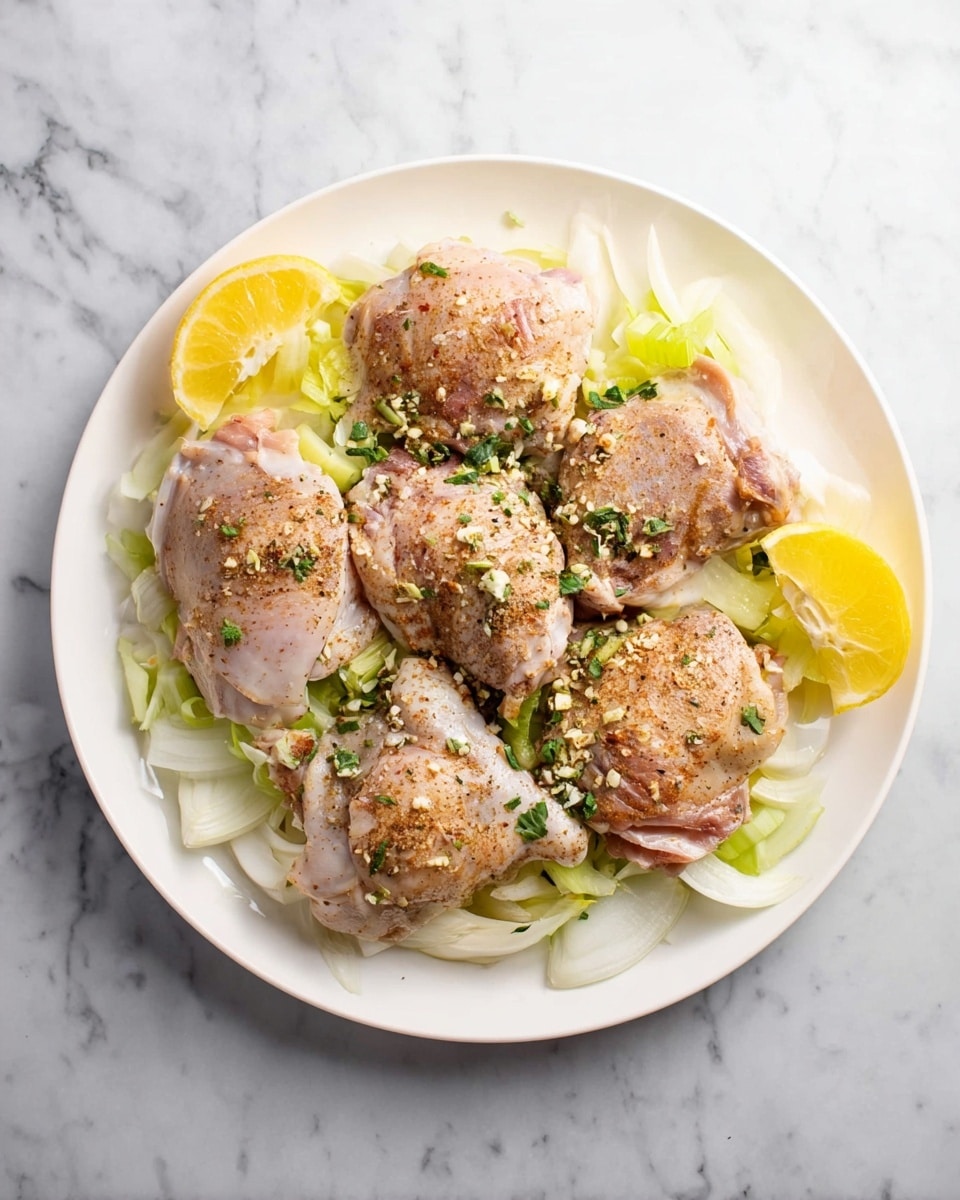 A white round plate holds six pieces of seasoned raw chicken thighs arranged closely in the center. Underneath the chicken, there are pale green chopped celery and light white onion slices scattered as a base layer. On top of the chicken pieces, some small green herbs and minced garlic are sprinkled, and two halves of a yellow lemon rest on the side of the plate. The plate is placed on a white marbled surface. photo taken with an iphone --ar 4:5 --v 7
