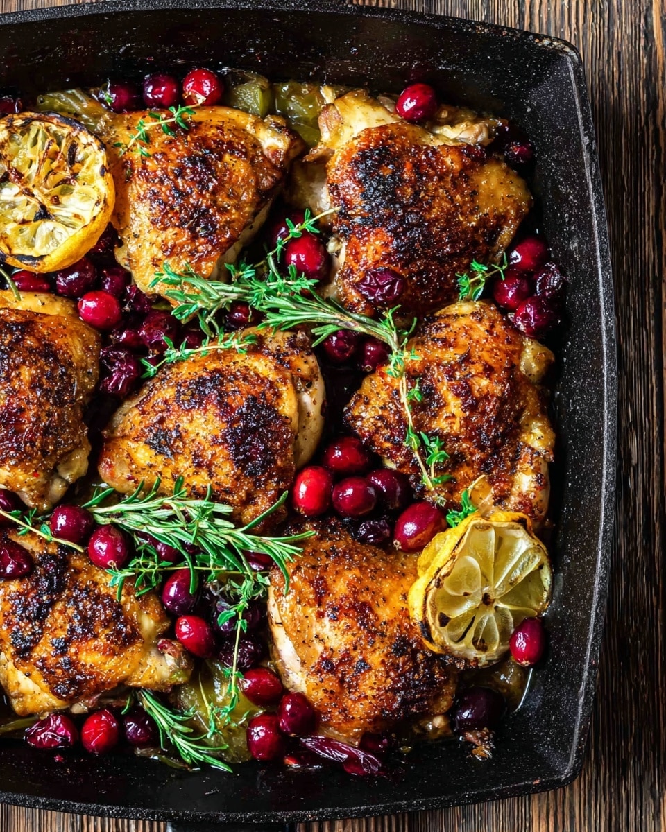 The dish shows six browned and crispy cooked chicken pieces spread across a black pan. The chicken pieces have a textured, slightly charred golden-brown skin. Around and under the chicken, there are bright red fresh and dried cranberries scattered, adding a pop of color. Among the cranberries are green sprigs of herbs like rosemary, adding freshness to the dish. There are also caramelized, sliced yellow lemons with slightly darkened edges placed in the pan. The pan is sitting on a rustic wood surface. Photo taken with an iphone --ar 4:5 --v 7