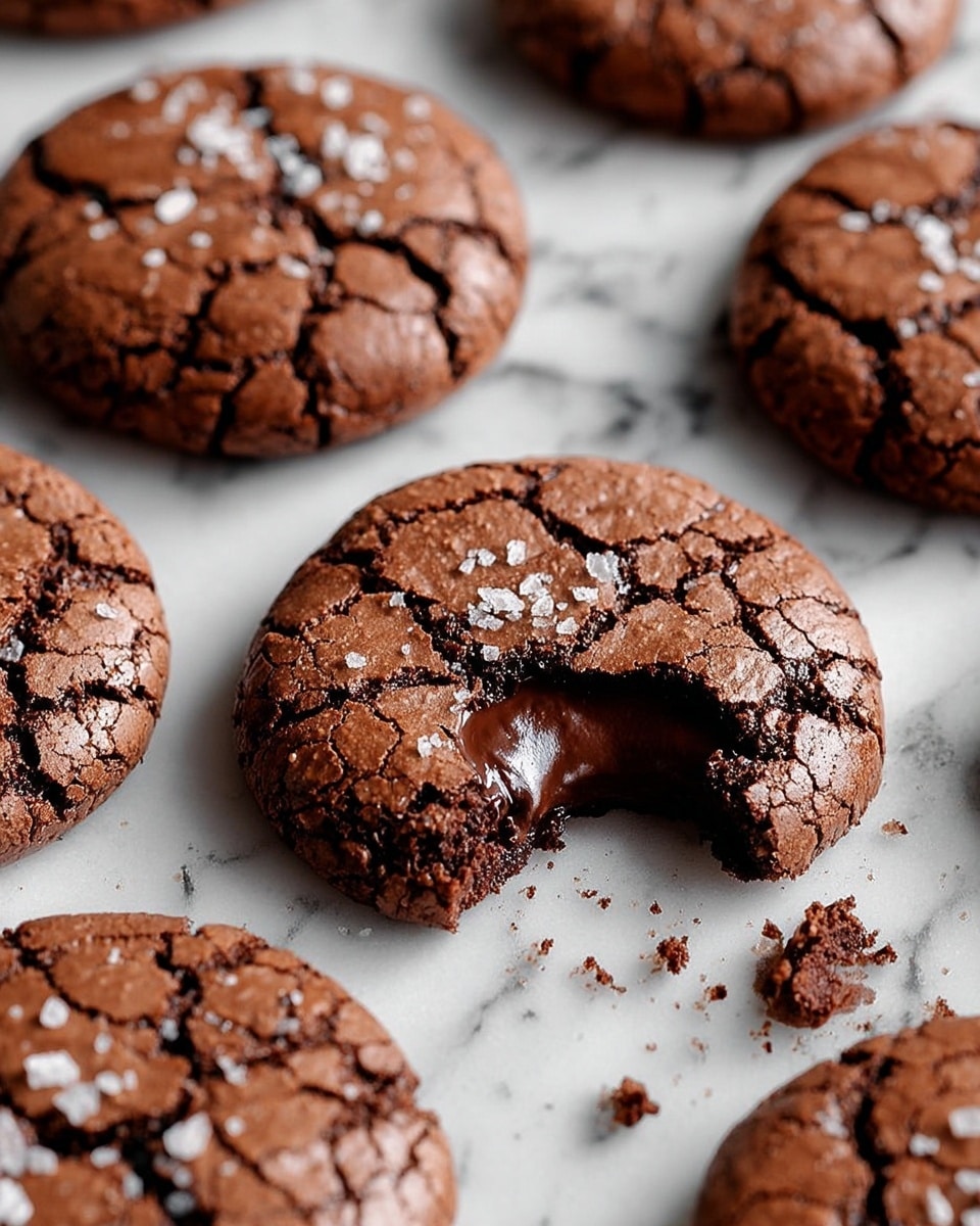 The image shows several round, chocolate cookies with cracked tops on a white marbled surface. Each cookie is a rich brown color and has a slightly shiny, crackled texture with small white salt flakes scattered on top. One cookie in the center is broken open at the edge, revealing a melted, dark chocolate center that looks soft and shiny. The cookies have a slightly thick and soft look, with small crumbs around them. Photo taken with an iphone --ar 4:5 --v 7