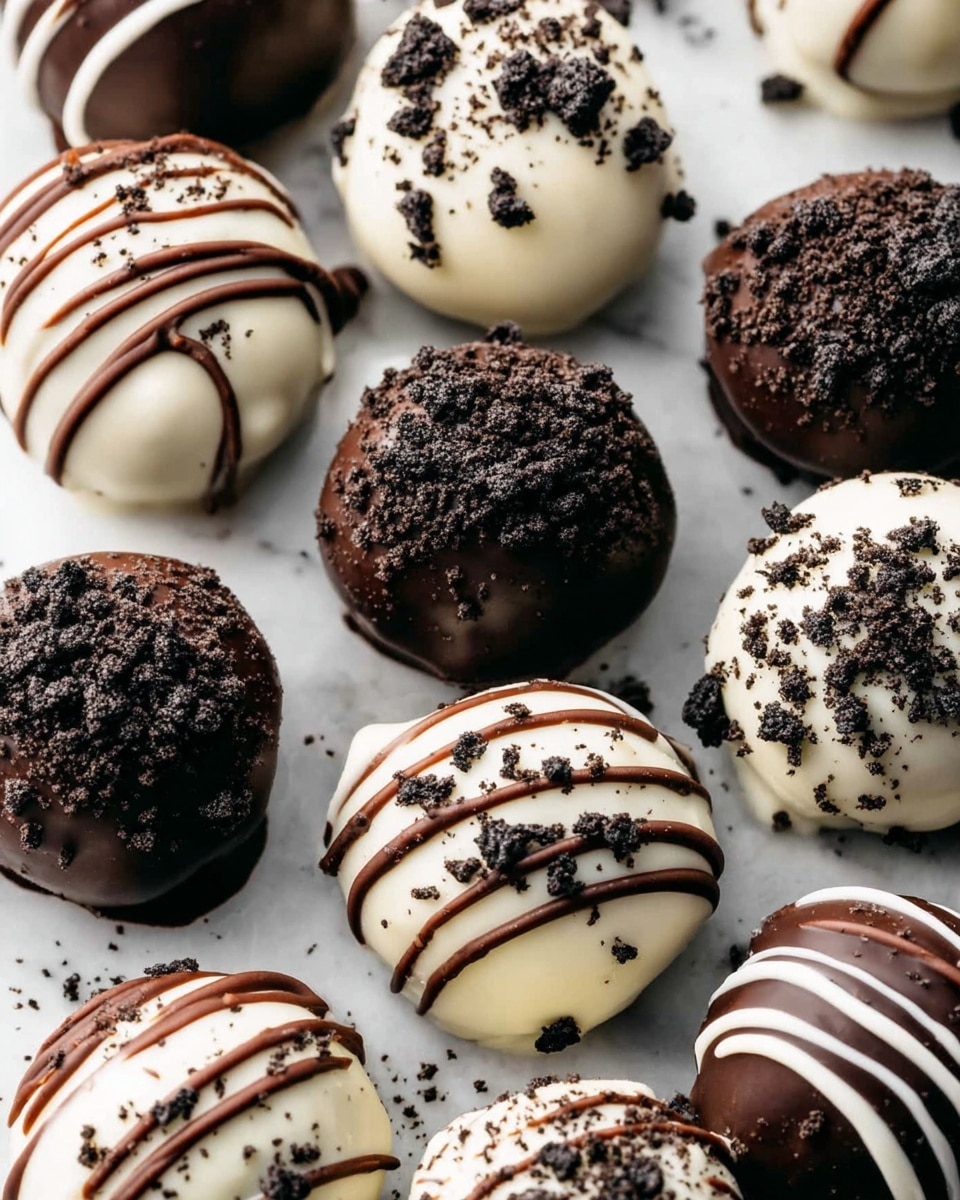The image shows a close-up of many round chocolate truffles arranged closely on a white marbled surface. There are two main types: one covered in smooth dark chocolate with a topping of crushed dark cookie crumbs, and the other coated in white chocolate with the same dark cookie crumbs sprinkled on top. Some truffles have thin zigzag lines of contrasting chocolate drizzled over them dark chocolate on white and white chocolate on dark. The truffles are placed tightly together, creating a mix of dark brown, white, and black textures topped with fine cookie crumbs and lines. photo taken with an iphone --ar 4:5 --v 7