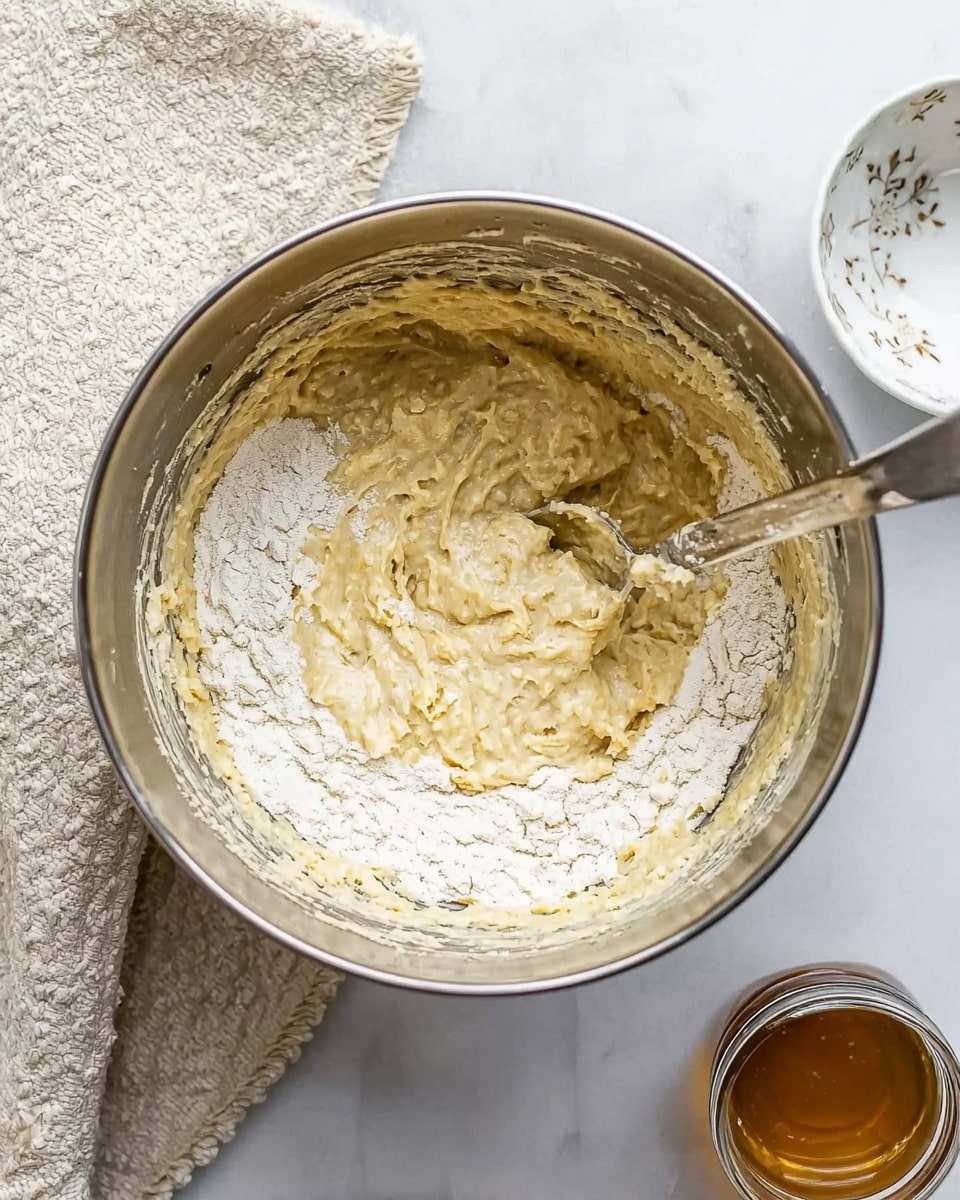 A metal mixing bowl sits on a white marbled surface, filled with a thick, uneven batter. The batter has two main layers: the outer layer is a light floury white powder, while the inner layer is a smooth, thick, pale yellow mixture. A silver spoon is in the bowl, resting in the batter. To the left of the bowl, a cream-colored textured cloth is partially visible, while to the right, there is a small white bowl with a delicate pattern and a small open jar with a golden brown liquid inside. photo taken with an iphone --ar 4:5 --v 7