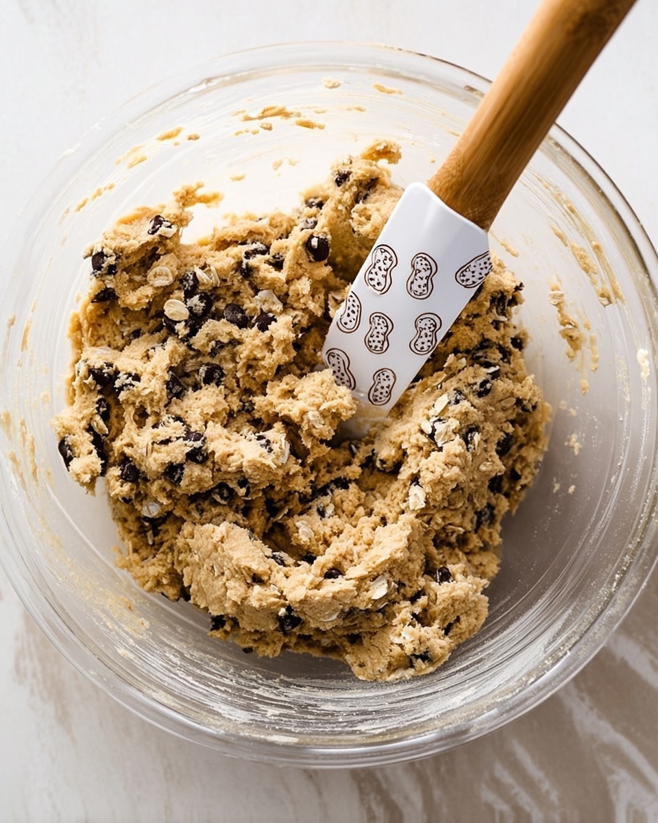 A clear glass bowl filled with thick, lumpy cookie dough mixed with dark chocolate chips and oats. A white spatula with small cookie drawings on the blade is partially inserted into the dough, its wooden handle resting on the side of the bowl. The bowl sits on a white marbled surface, with the dough showing a textured mix of light brown and dark brown spots. Photo taken with an iphone --ar 4:5 --v 7