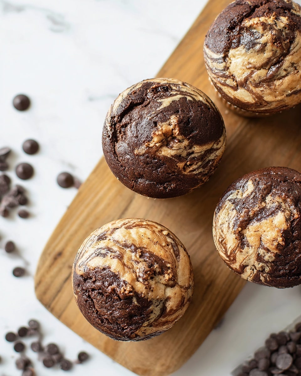 Four round muffins with a dark brown base and a light brown swirled top sit on a wooden board positioned in the lower right part of the image. The light brown swirls create a textured, marbled effect on each muffin, giving a mix of smooth and crackled surfaces. Scattered dark brown chocolate chips lay around the board on a white marbled surface. Photo taken with an iphone --ar 4:5 --v 7