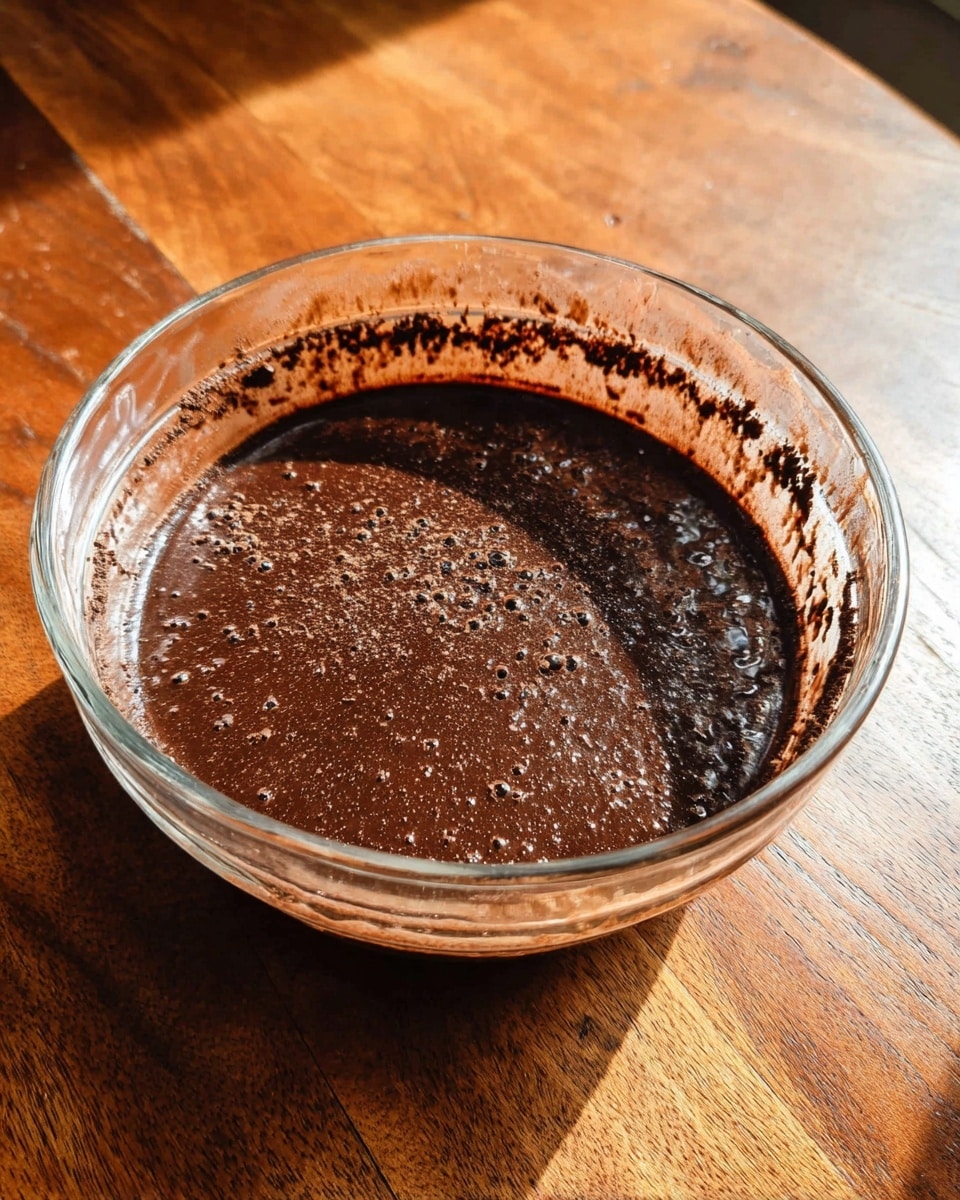 A clear glass bowl sits on a wooden table filled with a dark brown chocolate mixture. The mixture has a thick, textured surface with small bubbles and bits of dry cocoa powder scattered unevenly around the edges inside the bowl. The bowl's inner sides show streaks of the chocolate mix, giving a slightly messy but rich look. photo taken with an iphone --ar 4:5 --v 7