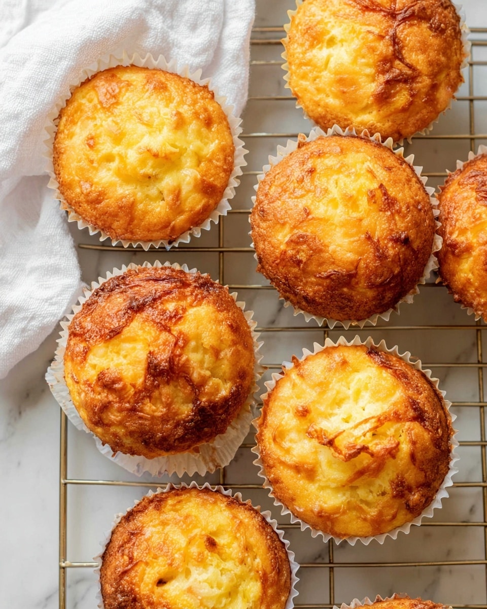 The image shows seven golden brown muffins with a slightly crispy top, each in white paper muffin cups. The muffins have a textured surface with visible small lumps and hollows where the batter rose unevenly during baking. They sit on a metal cooling rack, which is placed on a white marbled surface partly covered with a soft white towel on the side. The muffins have a warm yellow-orange color with some darker browned spots showing a well-baked look. Photo taken with an iphone --ar 4:5 --v 7