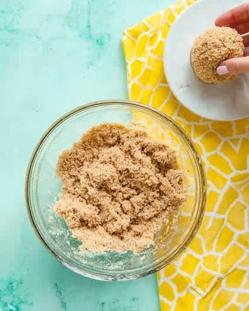 The image shows a clear glass mixing bowl filled with a rough, light brown crumbly mixture. In the top left section, a woman's hand is holding a small clump of the same crumbly mix. To the top right, on a white plate, there is a round flat cake of the crumbly mix placed on a white marbled surface. The background is light turquoise, and there is a yellow cloth with a white honeycomb pattern partially under the bowl. Photo taken with an iphone --ar 4:5 --v 7