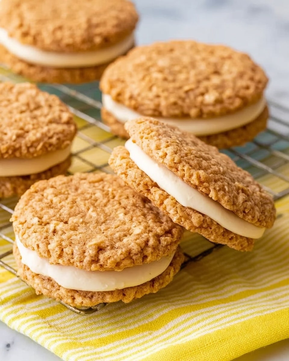 The image shows several oatmeal sandwich cookies on a cooling rack. Each cookie has two rough-textured, brown oatmeal layers with a creamy white filling in the middle. The cookies look soft and slightly crumbly with visible oats on the surface. One cookie tilted to show the thick, smooth filling between the two oatmeal layers. The background is a white marbled surface with a yellow striped cloth partially visible under the rack. Photo taken with an iphone --ar 4:5
