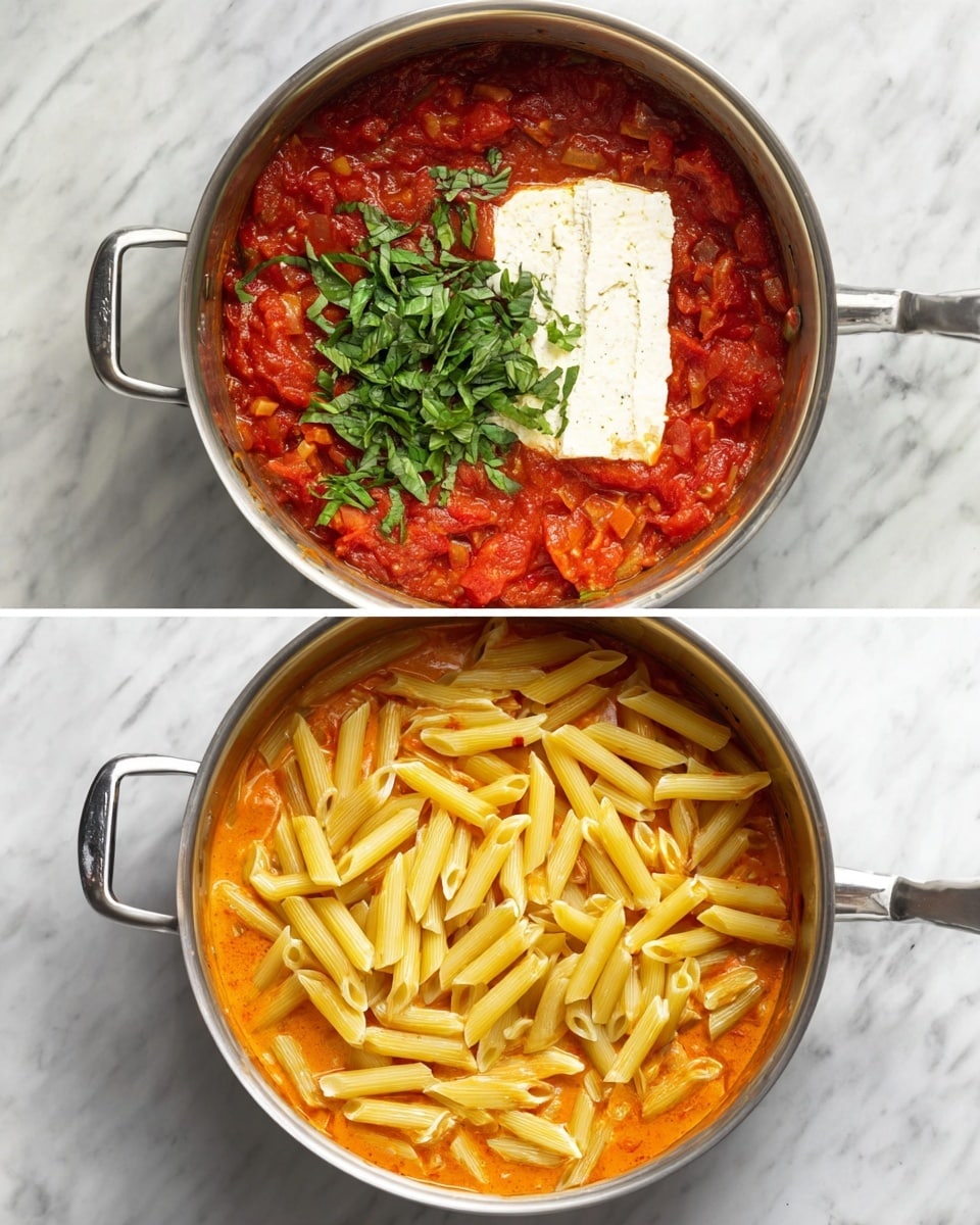 The first image shows a shiny metal pot on a white marbled surface, filled mainly with a thick red tomato sauce mixed with small pieces of tomato and onion. On top of the sauce, there is one large white block of soft cheese slightly melting and a pile of fresh green basil leaves placed to the side of the cheese. The second image shows the same metal pot on the white marbled surface, now filled with creamy orange sauce at the bottom and topped with a layer of yellow penne pasta that looks soft and cooked, covering most of the sauce underneath. Photo taken with an iphone --ar 4:5 --v 7
