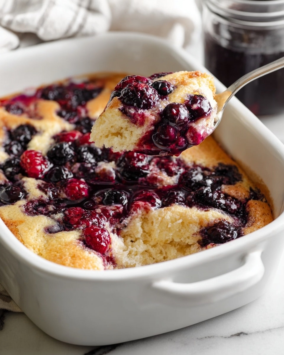 A white baking dish filled with a baked dessert showing two layers: the bottom layer is light golden with a soft, slightly sponge-like texture, and the top layer is scattered with mixed berries in dark purple, red, and black colors creating a juicy, glossy look; a silver spoon lifting a portion reveals the dense inside with baked berries on top. The dish sits on a white marbled surface with a glass jar in the background. Photo taken with an iphone --ar 4:5 --v 7