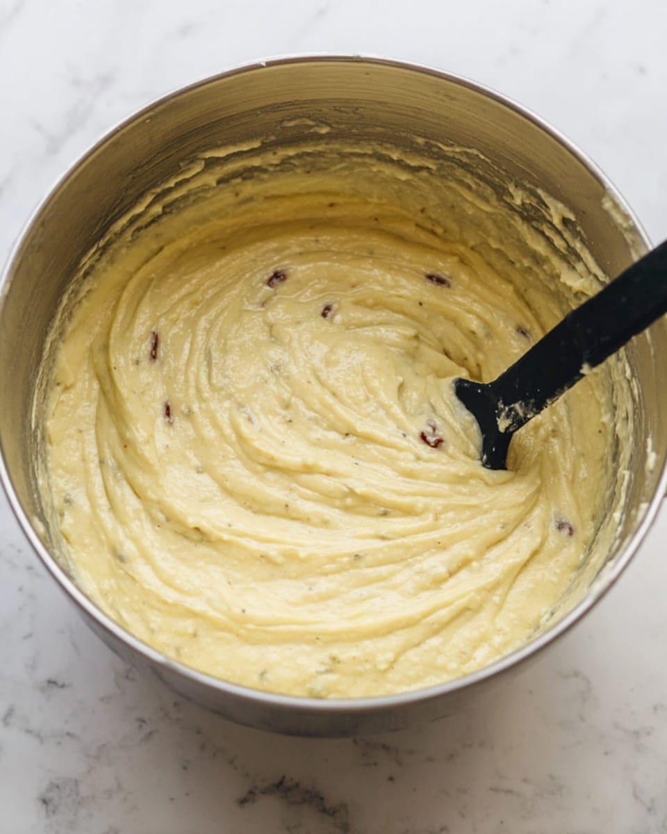 A close-up view of a metal mixing bowl filled with thick, pale yellow batter that has small brown bits mixed throughout. The batter has a smooth, creamy texture with some swirled patterns on the surface. A black spatula is partially submerged on the right side, showing some batter clinging to it. The bowl is placed on a white marbled surface. photo taken with an iphone --ar 4:5 --v 7