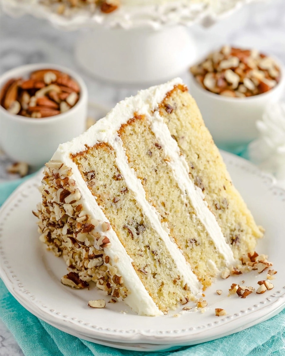 A slice of three-layer nut cake sits on a white plate with a decorative edge, showing light yellow cake layers with small nut pieces inside. Between each cake layer, there is a thick white cream frosting. The outside of the cake is covered in the same white cream frosting and sprinkled with chopped nuts, giving a textured look. In the background, there are small white bowls filled with chopped nuts resting on a white marbled surface with a hint of a blue cloth beneath the plate. Photo taken with an iphone --ar 4:5 --v 7