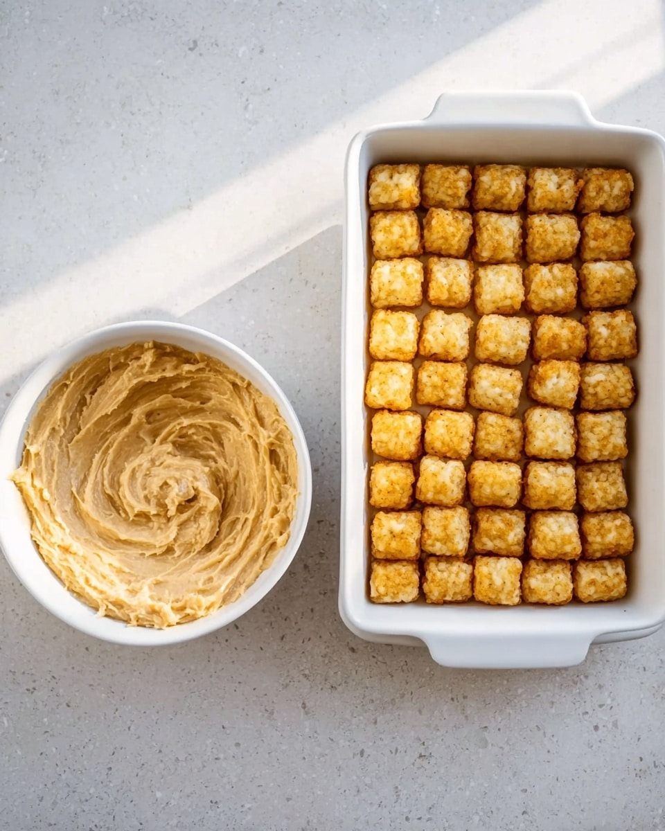 The image shows two white bowls on a white marbled surface. On the left, a white bowl contains a thick, creamy mixture with a light brown color and smooth texture, with some swirls showing it has been stirred. On the right, a white rectangular baking dish is filled with rows of small, evenly spaced golden-brown tater tots, neatly organized in a grid pattern and covering the entire surface. The lighting is natural and bright, highlighting the texture and color contrasts. Photo taken with an iphone --ar 4:5 --v 7