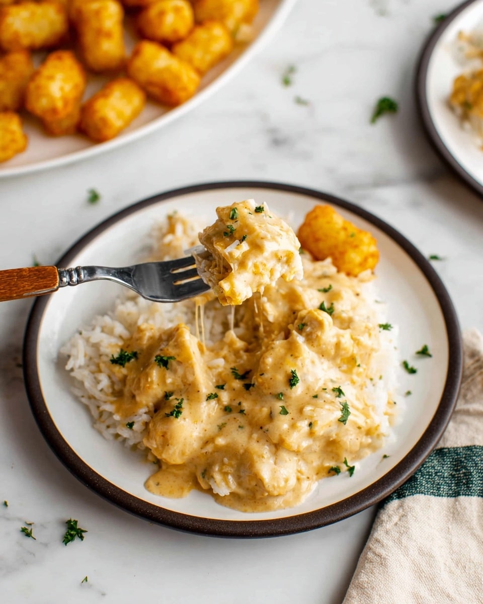 A white plate with a dark rim holds a small pile of creamy, golden-yellow chicken and rice, where the chicken pieces are covered in a thick sauce with a smooth texture and some sprinkled green herbs on top. A silver fork with a wooden handle is lifting a bite of the dish, showing tender chunks coated in the creamy sauce. In the background, extra pieces of golden, crispy tater tots are scattered on a white marbled surface, along with parts of another white plate with more of the same dish. A beige cloth napkin and a white and green striped cloth are also partially visible near the edges photo taken with an iphone --ar 4:5 --v 7