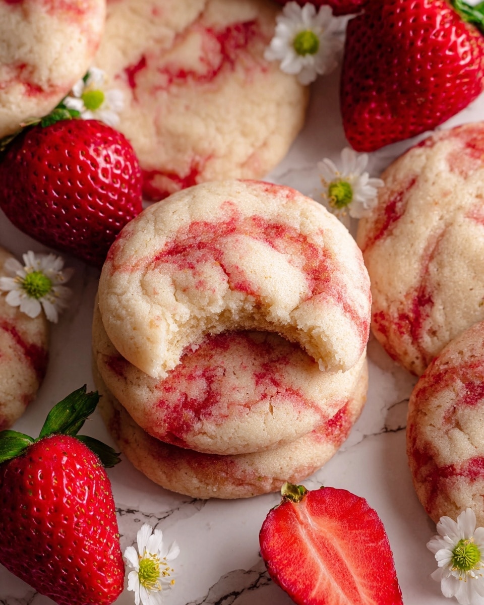 The image shows a close-up of soft, round cookies with a pale beige color swirled with red bits, giving a marbled look. One cookie is on top of others, with a bite taken out, showing a light, slightly crumbly inside. Around the cookies, there are fresh red strawberries, one whole and one cut in half, revealing the juicy inside. Small white flowers with yellow centers are scattered for decoration. All the items rest on a white marbled textured surface. photo taken with an iphone --ar 4:5 --v 7