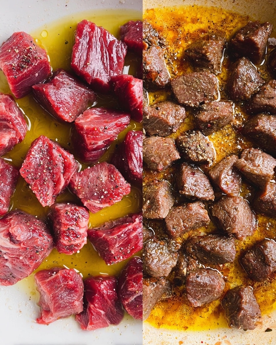 The image shows two side-by-side close-ups of beef cubes at different cooking stages. On the left side, raw beef cubes are spread out in a shallow white dish with a golden yellow liquid around them, likely oil. The beef is deep red with some black pepper visible on some pieces. On the right side, the beef cubes are in a pan, cooked to a browned appearance with a mix of dark and light brown colors and a slightly crispy texture on some edges. The pan has browned bits and a warm golden-brown surface underneath the beef. The background is a white marbled texture. Photo taken with an iphone --ar 4:5 --v 7